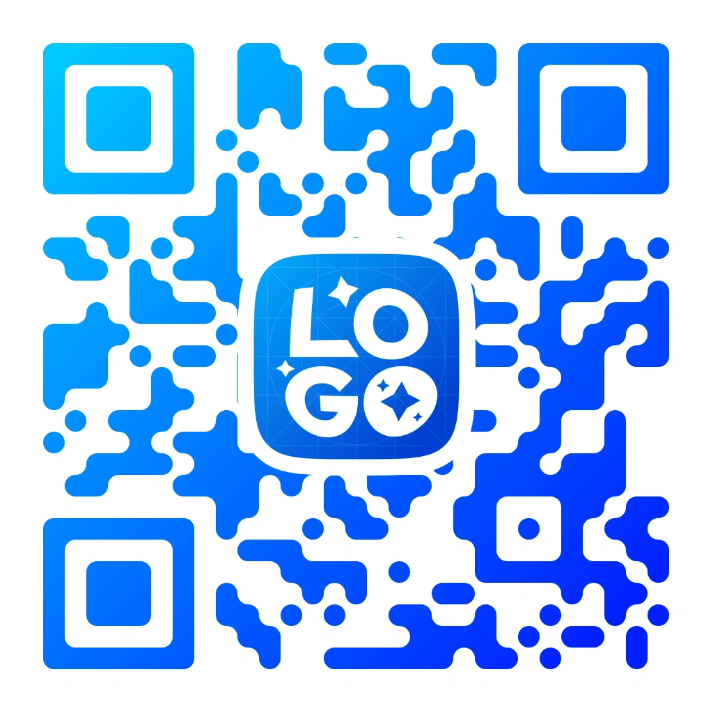 Código QR con temática azul y patrón de píxeles orgánicos degradados en azul sobre fondo blanco, con un LOGO texto con íconos brillantes en un cuadrado azul redondeado centrado, con marcadores de esquinas cuadradas.