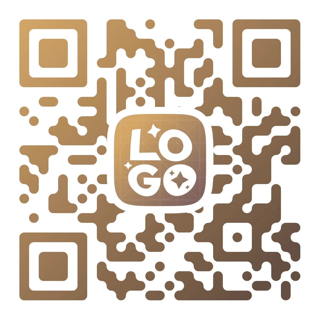 Código QR de temática marrón con un patrón de píxeles orgánicos degradado dorado sobre fondo blanco, con un texto de logotipo con brillo íconos en un cuadrado redondeado centrado, con marcadores de esquina cuadrados.