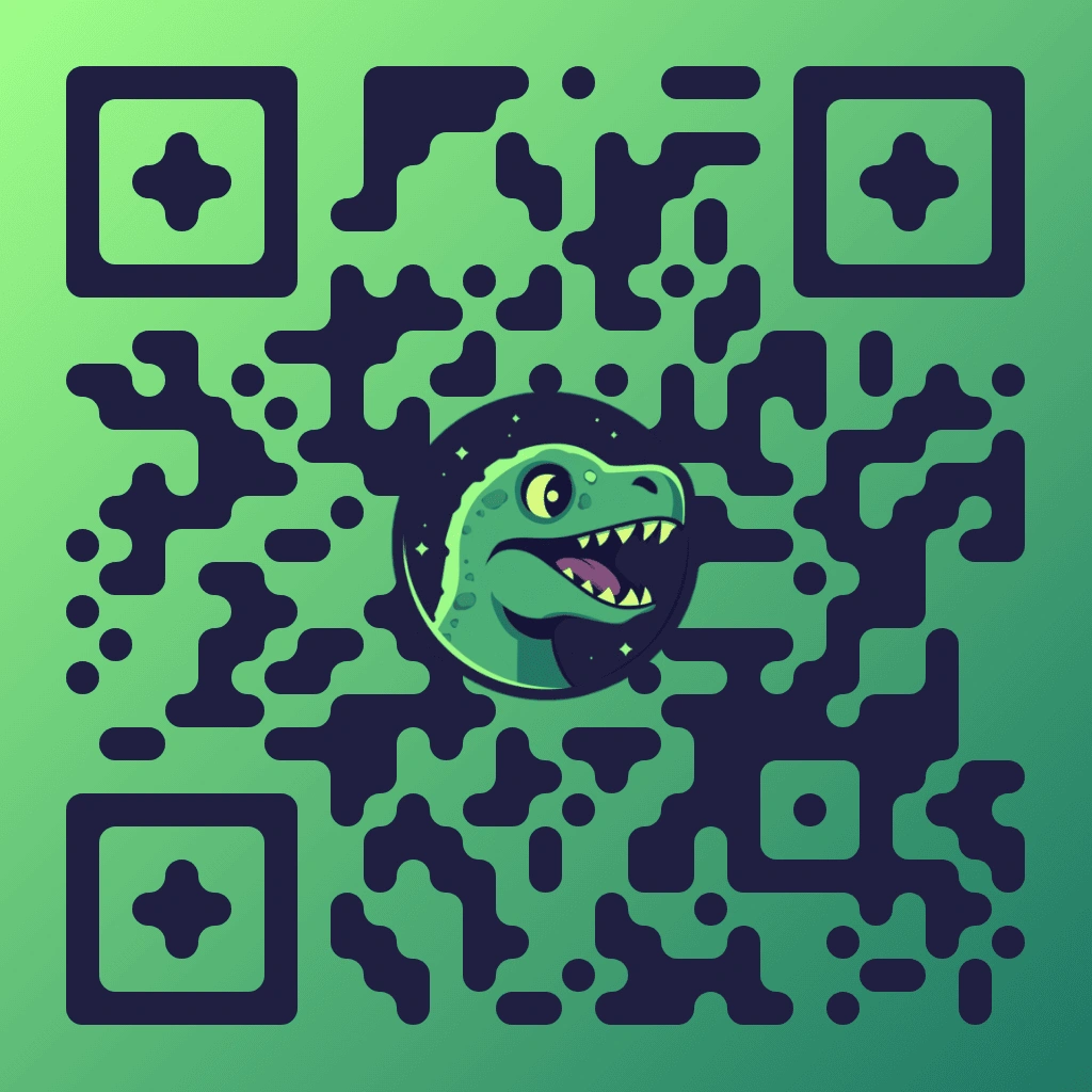 Código QR de dinosaurio con un patrón de píxeles orgánicos de color azul marino oscuro sobre un fondo verde degradado, con un dibujo animado Cabeza de T-Rex en un círculo oscuro centrado, con marcadores de esquinas cuadradas redondeadas e interior en forma de cruz. puntos.