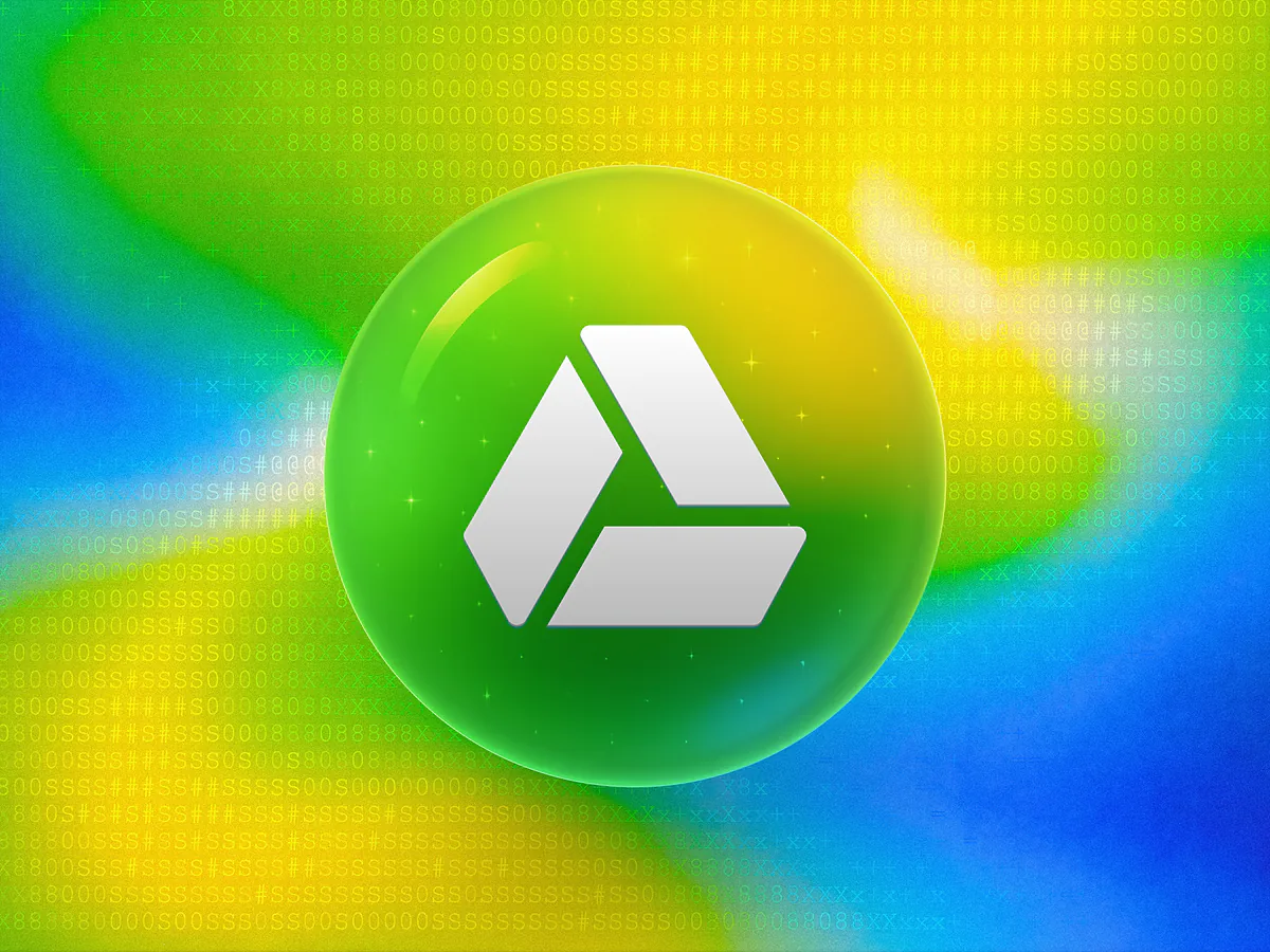 Orbe 3D tricolor brillante con un icono de triángulo de Drive blanco sobre un degradado vibrante para el código QR de Google Drive generador