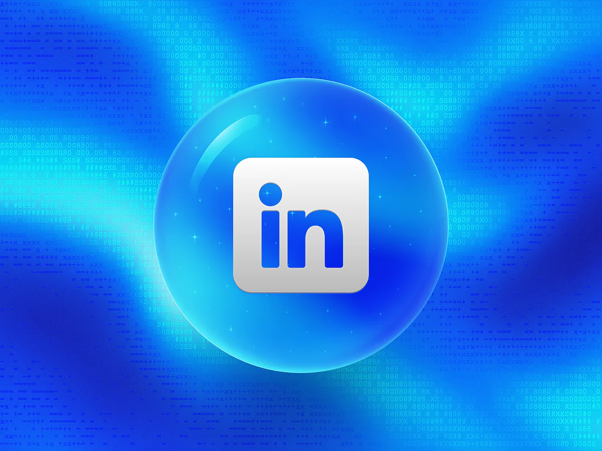 Glossy blue 3D orb with a white 'in' logo on a vibrant gradient for the LinkedIn QR code generator