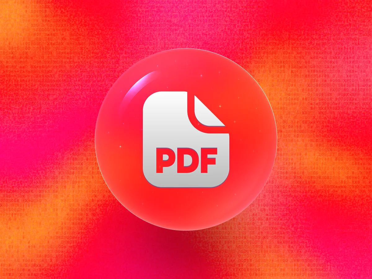 Glossy red 3D orb with a white PDF document icon on a vibrant gradient for the PDF QR code generator