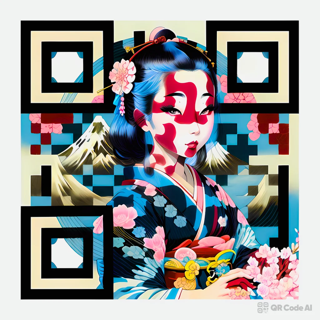 Código QR de geisha generado por IA Arte que muestra a una mujer japonesa con un kimono azul con flores de cerezo y el Monte Fuji, con patrones de pintura facial roja que forman un código QR escaneable sobre una luz. fondo.