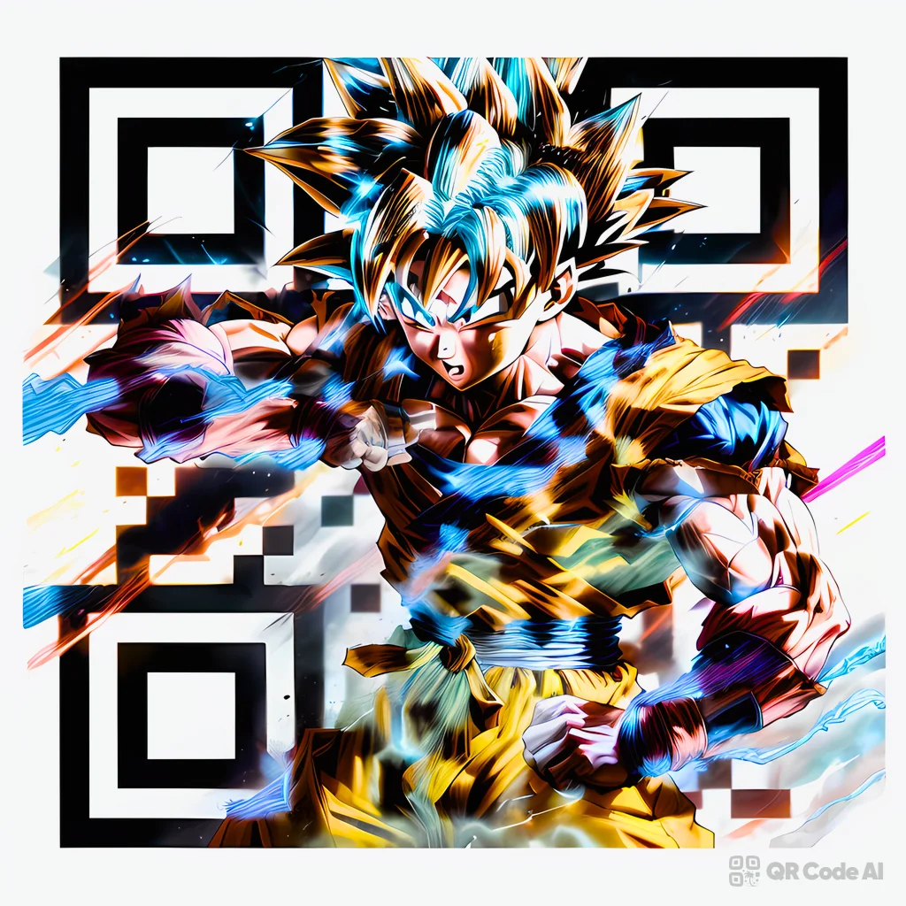 Arte de código QR de Goku Dragon Ball generado por IA que presenta la transformación de Super Saiyan con cabello azul y dorado y efectos de explosión de energía entretejidos en un patrón QR escaneable sobre un fondo claro con buscador oscuro patrones.