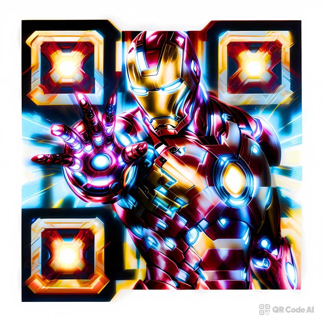 Arte del código QR de Iron Man generado por IA con el Armadura roja y dorada en una pose de poder de cuerpo completo con un reactor de arco brillante, entretejida en un patrón QR escaneable sobre un fondo claro con patrones de buscador rojos y dorados.