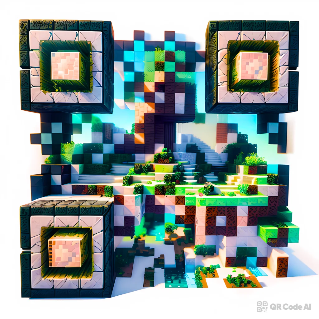 Arte de código QR voxel 3D estilo Minecraft generado por IA con bloques de pasto verde, piedra y madera formando un patrón QR escaneable sobre un fondo claro con patrones de buscador de bloques 3D.