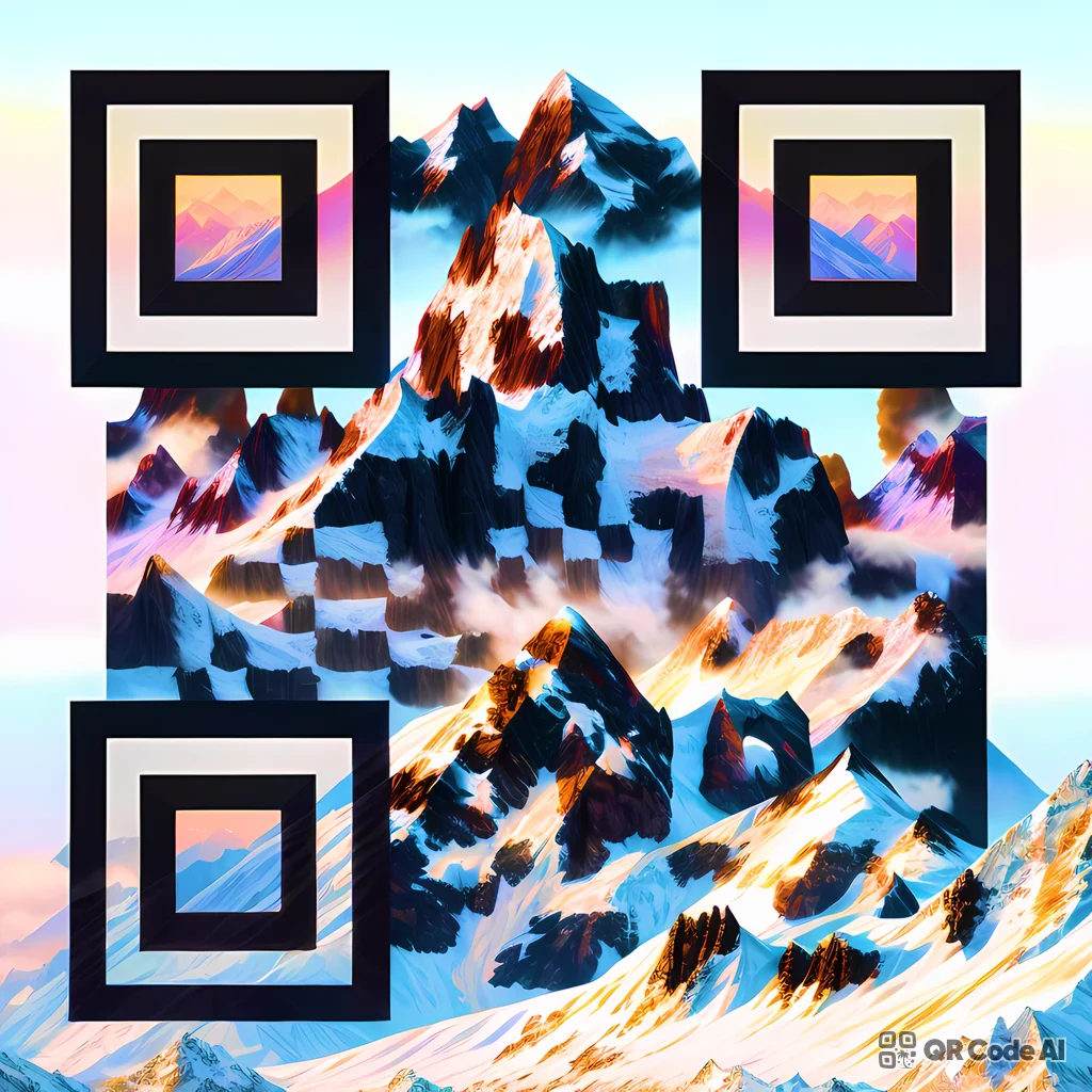 Picos de nieve de montaña generados por IA Arte de código QR con terreno montañoso cubierto de nieve azul y rosa tejido en un patrón QR escaneable sobre un fondo pastel claro, con un buscador cuadrado oscuro patrones.