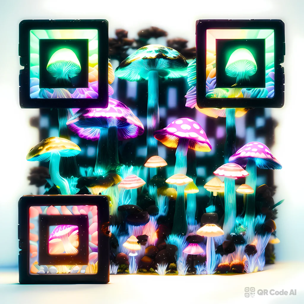 Arte de código QR de hongos de neón generados por IA con hongos verdes, morados, rosados y azules brillantes una escena de bosque entretejida en un patrón QR escaneable sobre un fondo claro con un buscador oscuro patrones.