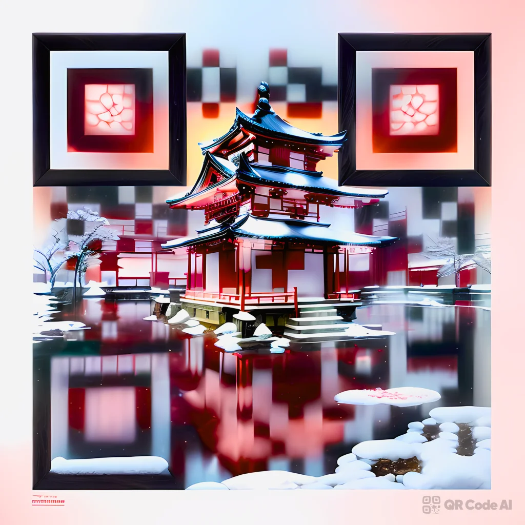 Arte de código QR del templo rojo nevado generado por IA que muestra una pagoda japonesa con techos cubiertos de nieve reflejados en agua, tejido en un patrón QR escaneable sobre un fondo claro de invierno con un buscador oscuro patrones.