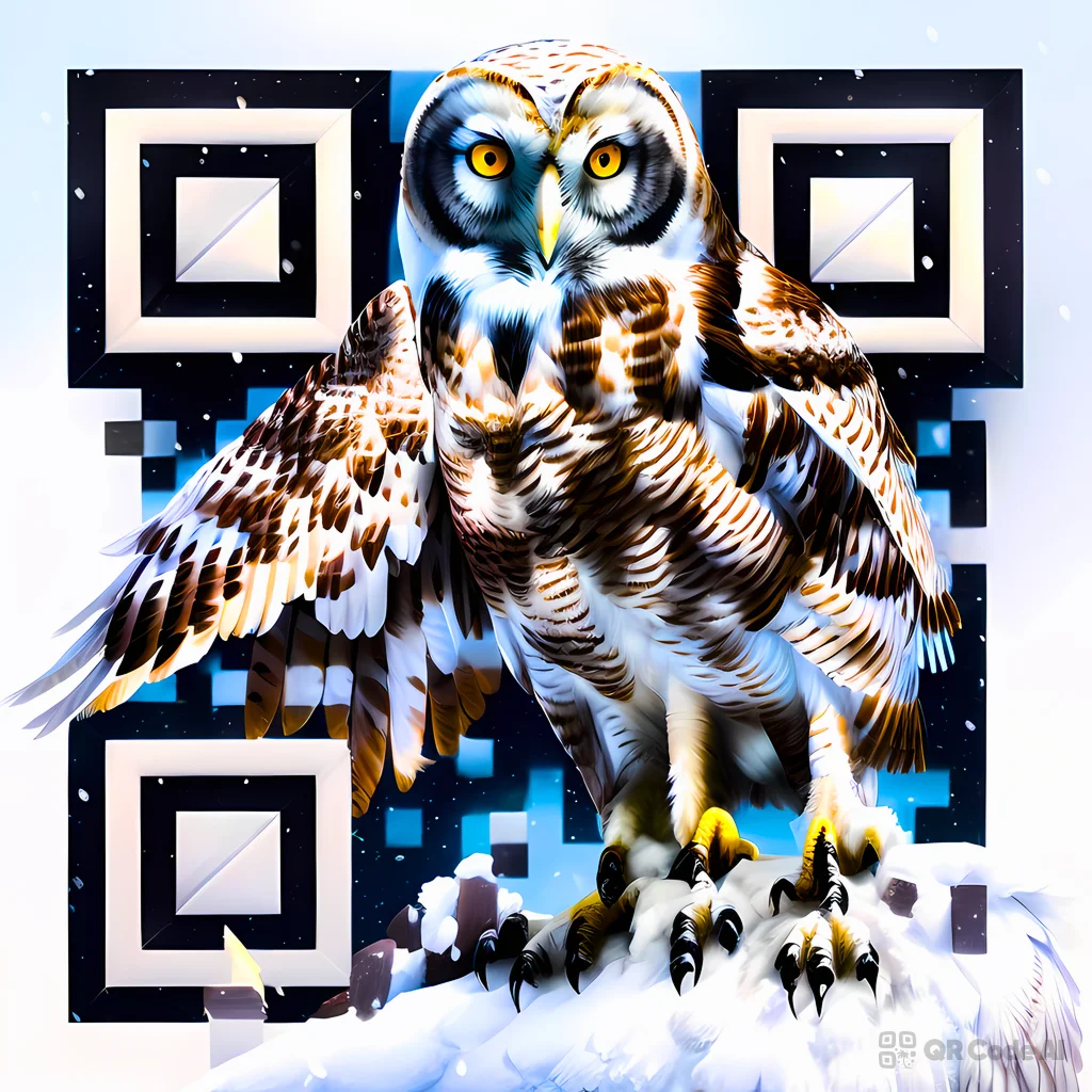 Arte de código QR de búho nevado de invierno generado por IA que presenta un búho nival con las alas extendidas posado sobre una rama nevada, tejido en un patrón QR escaneable sobre un fondo invernal claro con un buscador cuadrado oscuro patrones.