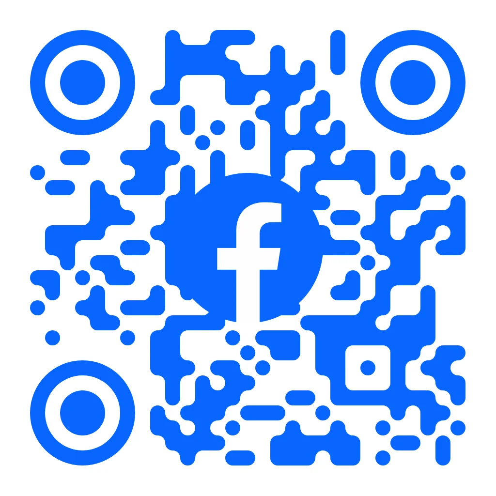 Código QR de Facebook con un patrón de píxeles orgánicos azules sobre fondo blanco, que presenta el logotipo f de Facebook en un círculo azul centrado con una esquina circular concéntrica marcadores.