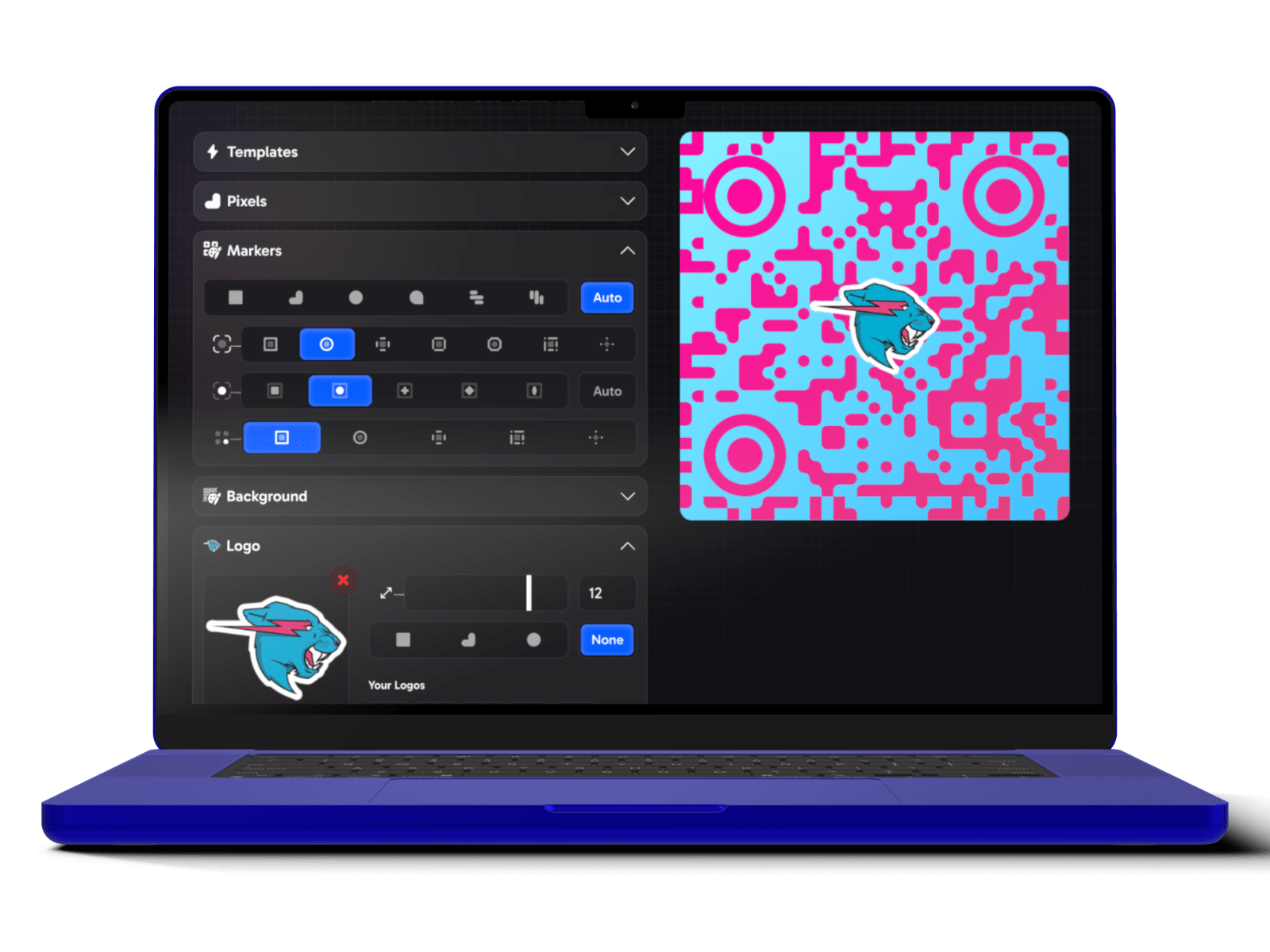 Computadora portátil que muestra una herramienta generadora de códigos QR personalizada con opciones para agregar colores, formas y logotipos. El código QR presenta el logotipo de MrBeast azul y rosa en el centro.