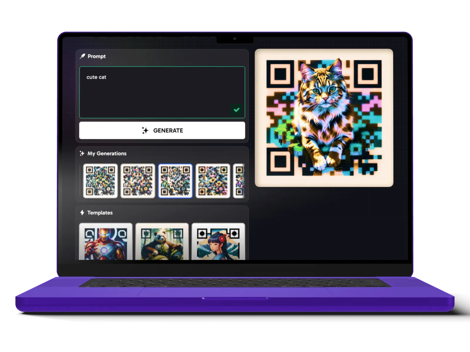 Pantalla de computadora portátil que muestra un generador de códigos QR oculto que integra una pintura de un gato en un Arte de código QR rápido escaneable. A continuación se muestran plantillas y diseños personalizables.