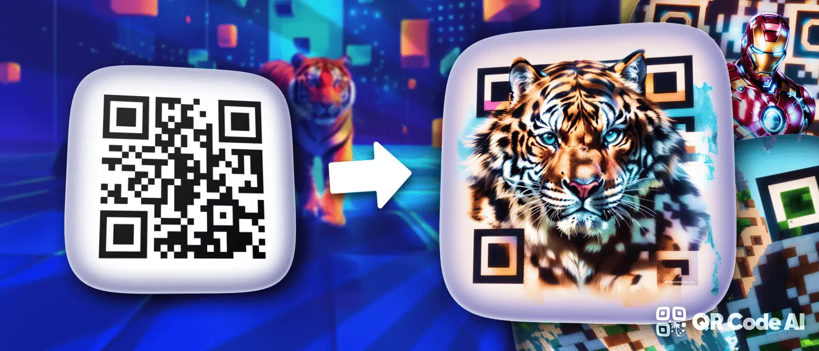 Código QR oculto generado por IA que se transforma en una pintura de tigre. Código QR en blanco y negro para un tigre artístico con colores llamativos y fondo digital futurista.